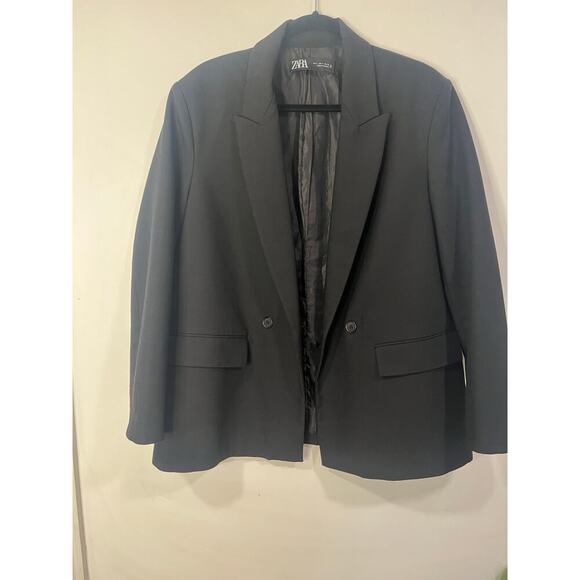 ZARA Womens Large Double Breasted minimalist Black Blazer  Large - Picture 2 of 4